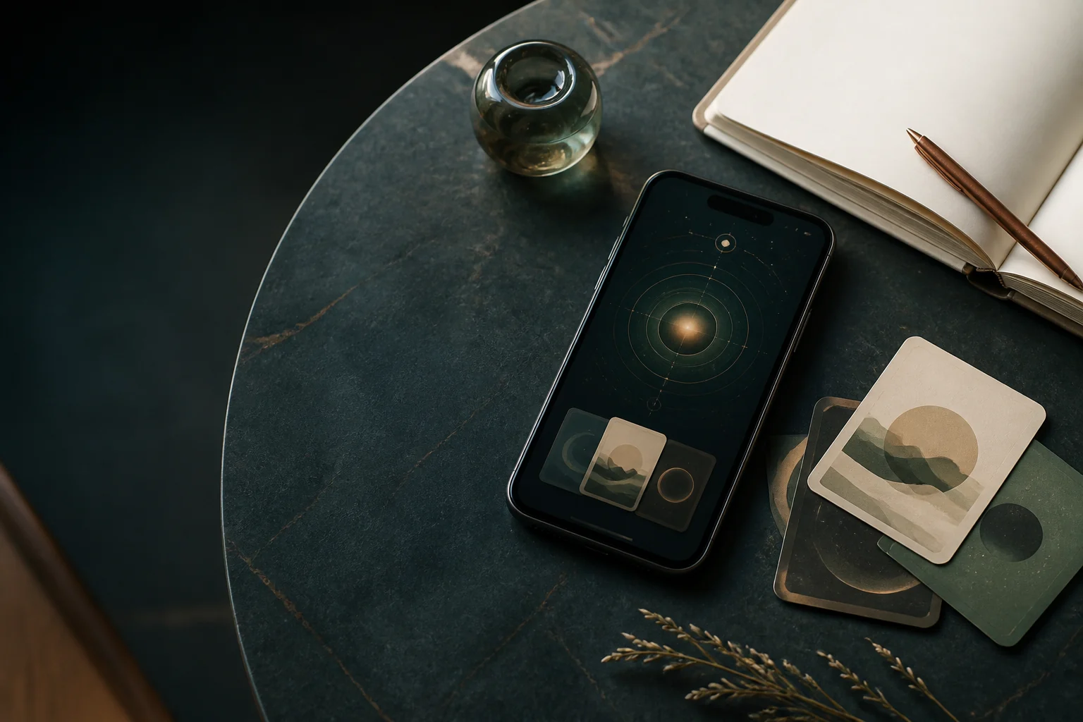 Telefon z aplikacją Divinatio obok notesu i symbolicznych kart